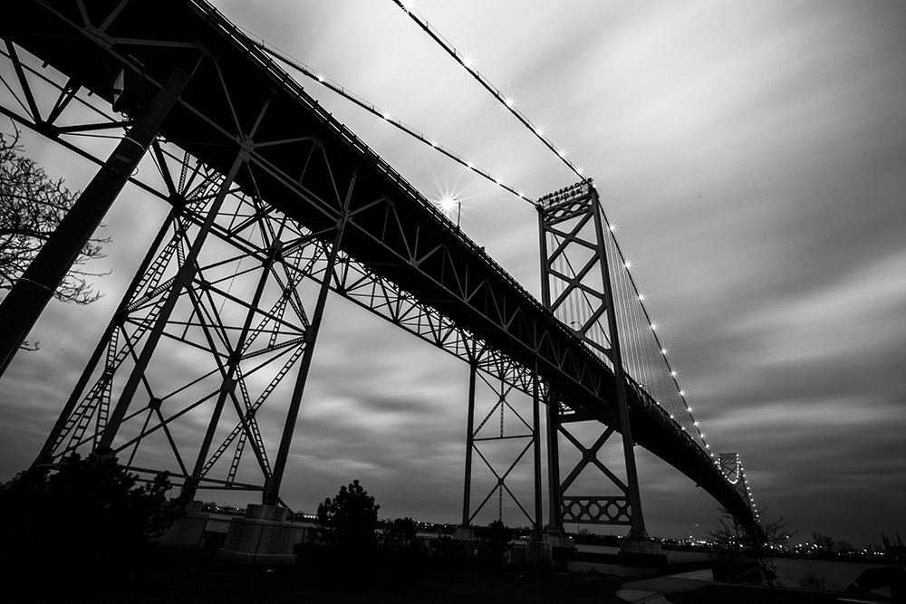 ambassador bridge long exposure in black and white