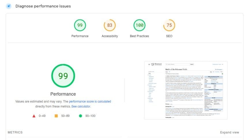 Page speed overview screenshoot lighthouse