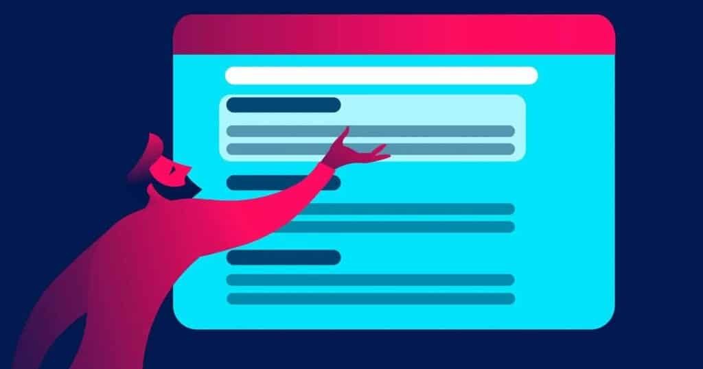 Graphic of person moving sections of text on a web page representing search engine indexing